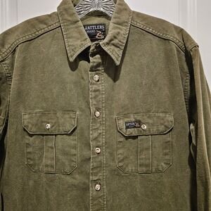 Rattlers Brand Button Down Mens XL Green Canvas Utility Shirt Made in USA Rugged